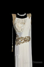 Aesthetic A Line Square Neckline White Chiffon Prom Dress Ruffle Long Party Dress