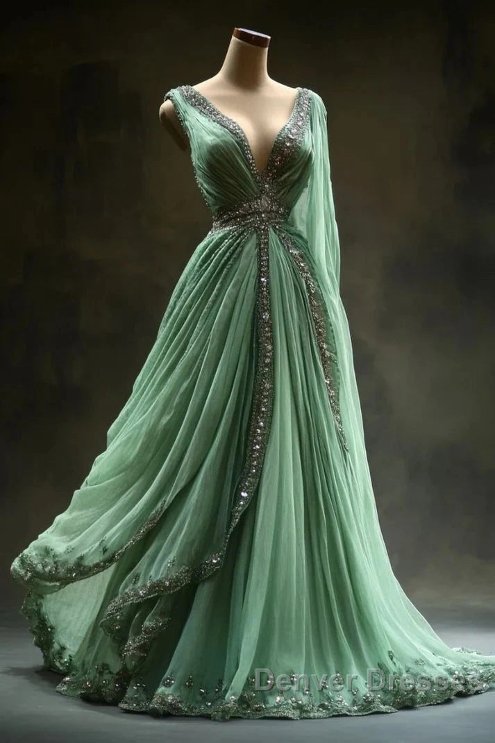 Aesthetic A-Line V Neckline Green Tulle  Long Prom Dress Sweet Beaded Evening Dress