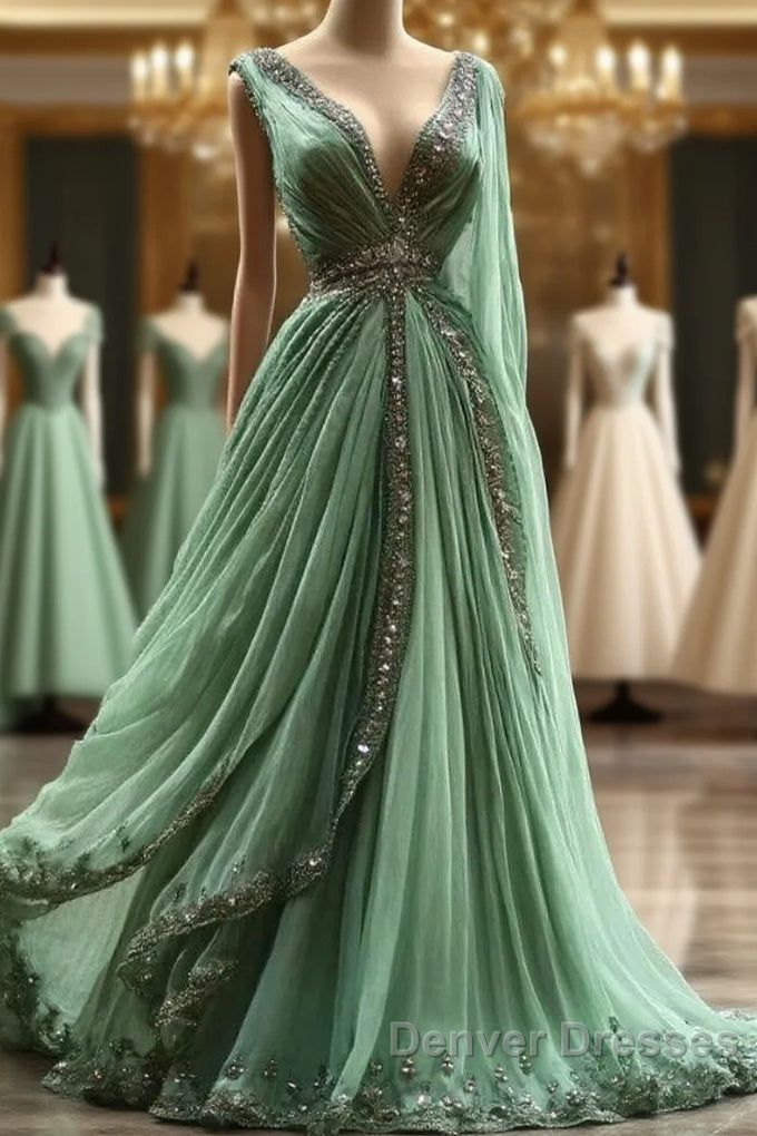 Aesthetic A-Line V Neckline Green Tulle  Long Prom Dress Sweet Beaded Evening Dress Main image