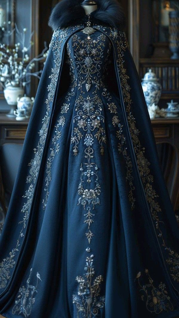 Aesthetic Ball Gown High Neckline Navy Blue Party Dress Long Prom Dress Evening Dress