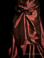 Aesthetic Ball Gown Strapless Burgundy Taffeta Prom Dress Ruffle Long Party Dress