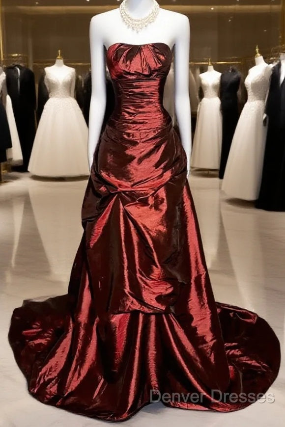 Aesthetic Ball Gown Strapless Burgundy Taffeta Prom Dress Ruffle Long Party Dress