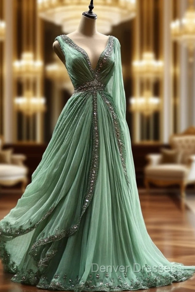 Aesthetic Ball Gown V Neckline Green Tulle Party Dress Long Prom Dress Evening Dress Main image