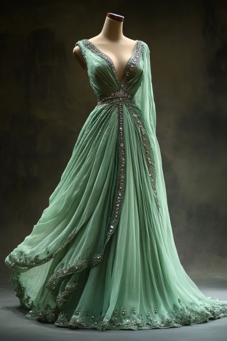 Aesthetic Ball Gown V Neckline Green Tulle Party Dress Long Prom Dress Evening Dress