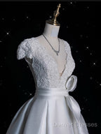 Aesthetic Ball Gown V Neckline Satin White Long Wedding Dress Brides Dress