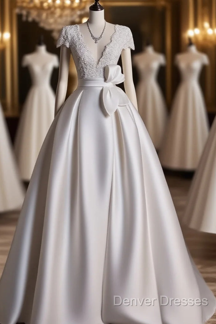 Aesthetic Ball Gown V Neckline Satin White Long Wedding Dress Brides Dress Main image