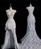 Aesthetic High Low One Shoulder Lace White Long Wedding Dress