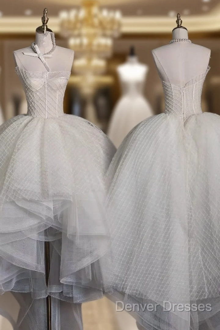 Aesthetic High Low Strapless Tulle White Long Wedding Dress Main image