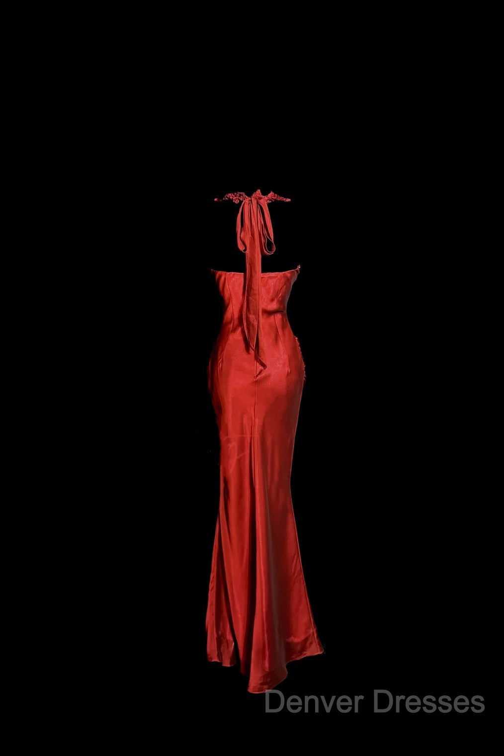 Aesthetic Mermaid Halter Neckline Red Satin Prom Dress Ruffle Long Party Dress