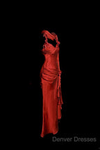 Aesthetic Mermaid Halter Neckline Red Satin Prom Dress Ruffle Long Party Dress