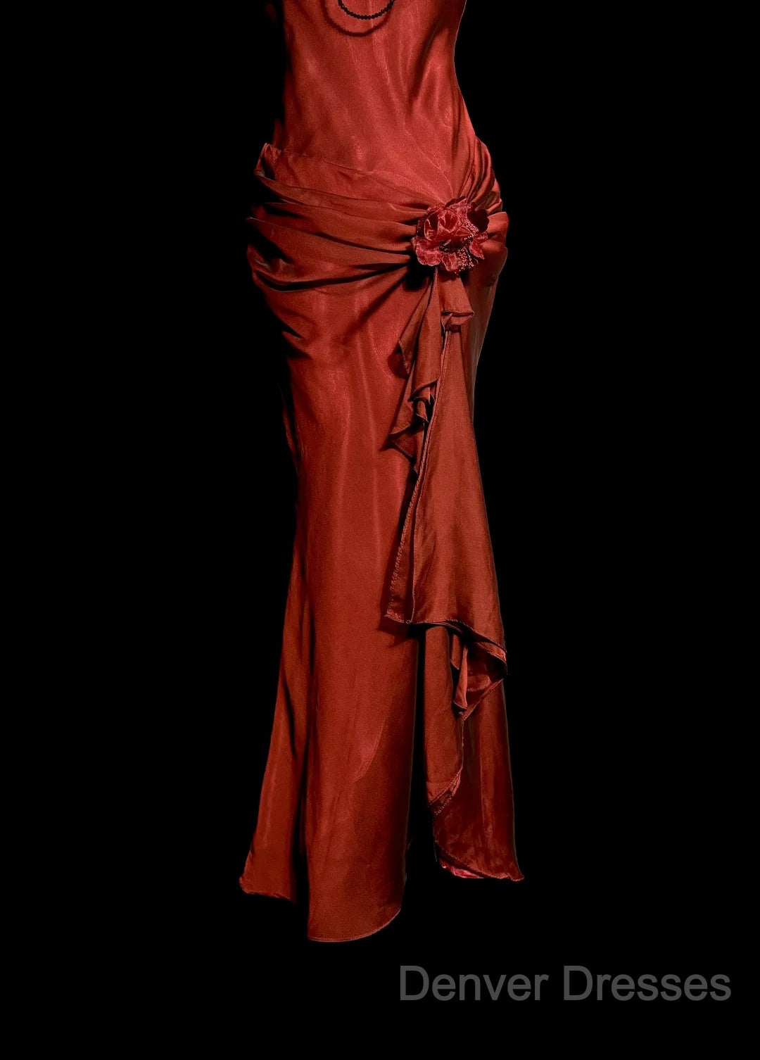 Aesthetic Mermaid Halter Neckline Red Satin Prom Dress Ruffle Long Party Dress