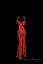 Aesthetic Mermaid Halter Neckline Red Satin Prom Dress Ruffle Long Party Dress