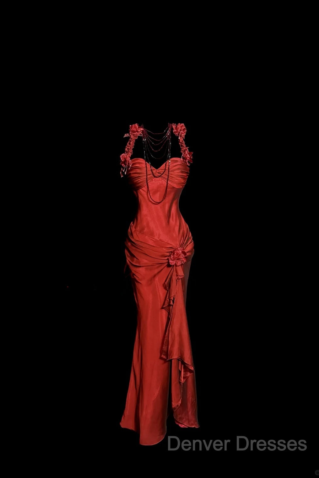 Aesthetic Mermaid Halter Neckline Red Satin Prom Dress Ruffle Long Party Dress