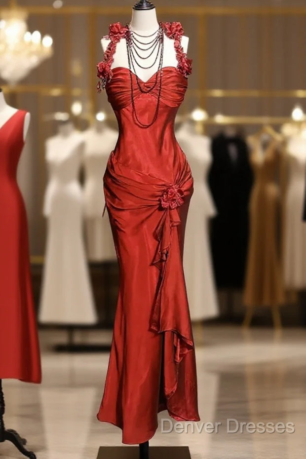 Aesthetic Mermaid Halter Neckline Red Satin Prom Dress Ruffle Long Party Dress Main image