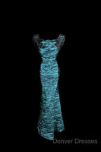 Aesthetic Mermaid Square Neckline Blue Taffeta Prom Dress Ruffle Long Party Dress