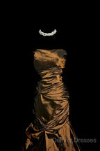 Aesthetic Mermaid Strapless Neckline Brown Taffeta Prom Dress Ruffle Long Party Dress