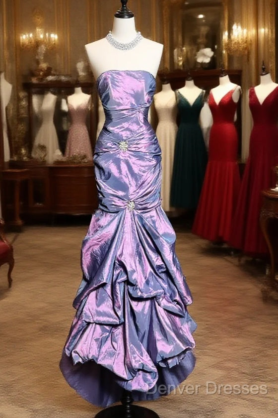 Aesthetic Mermaid Strapless Neckline Grape Taffeta Prom Dress Ruffle Long Party Dress Main image