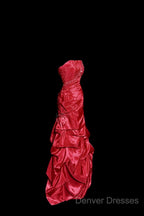 Aesthetic Mermaid Strapless Neckline Red Taffeta Prom Dress Ruffle Long Party Dress
