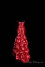 Aesthetic Mermaid Strapless Neckline Red Taffeta Prom Dress Ruffle Long Party Dress