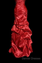 Aesthetic Mermaid Strapless Neckline Red Taffeta Prom Dress Ruffle Long Party Dress