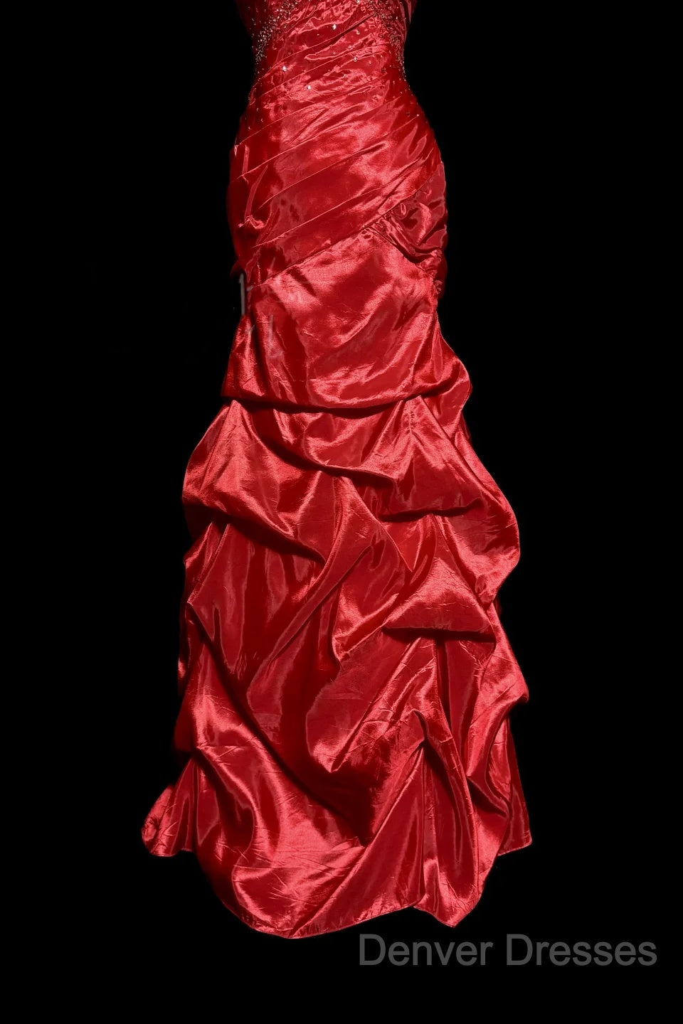 Aesthetic Mermaid Strapless Neckline Red Taffeta Prom Dress Ruffle Long Party Dress