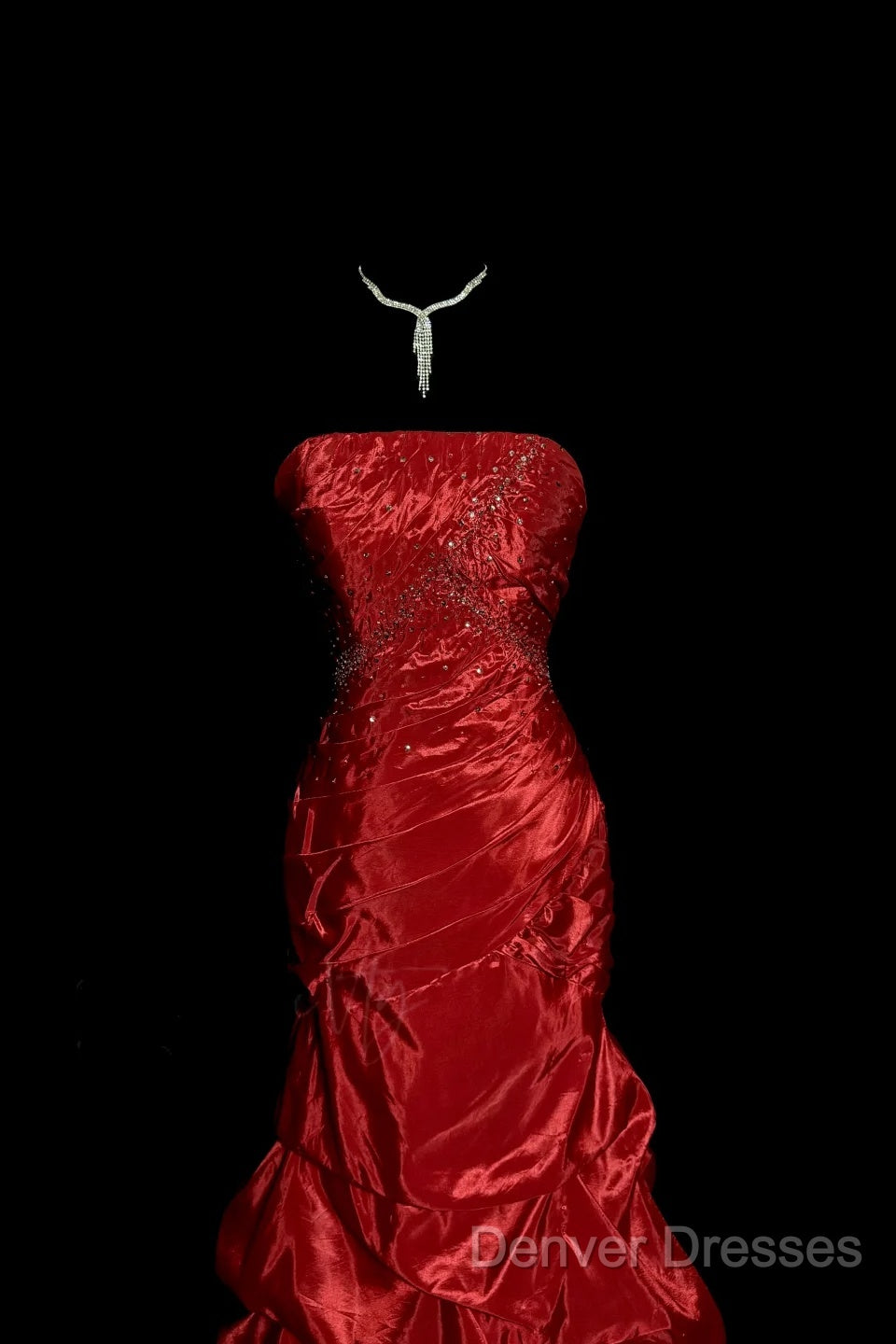 Aesthetic Mermaid Strapless Neckline Red Taffeta Prom Dress Ruffle Long Party Dress