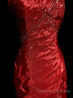 Aesthetic Mermaid Strapless Neckline Red Taffeta Prom Dress Ruffle Long Party Dress