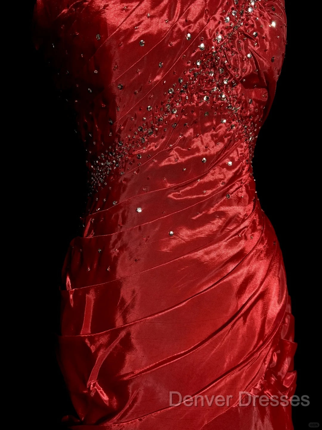 Aesthetic Mermaid Strapless Neckline Red Taffeta Prom Dress Ruffle Long Party Dress