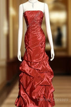Aesthetic Mermaid Strapless Neckline Red Taffeta Prom Dress Ruffle Long Party Dress