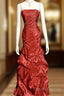 Aesthetic Mermaid Strapless Neckline Red Taffeta Prom Dress Ruffle Long Party Dress