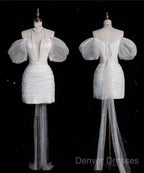 Aesthetic Sheath Off The Shoulder White Sequin Short Wedding Dress Brides Dress