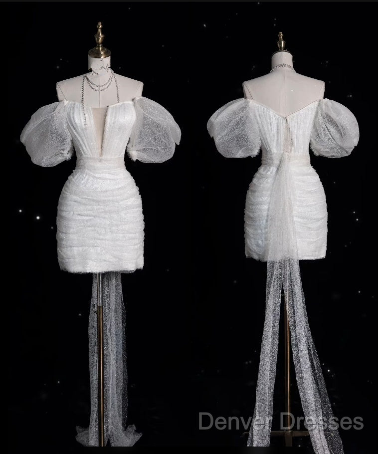 Aesthetic Sheath Off The Shoulder White Sequin Short Wedding Dress Brides Dress