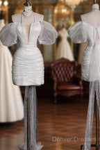 Aesthetic Sheath Off The Shoulder White Sequin Short Wedding Dress Brides Dress