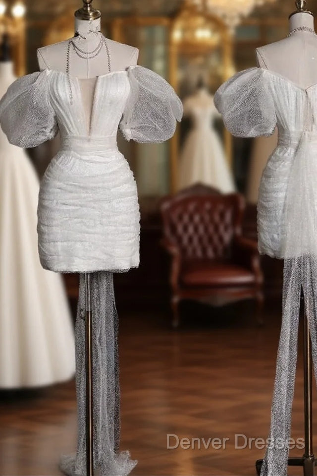 Aesthetic Sheath Off The Shoulder White Sequin Short Wedding Dress Brides Dress