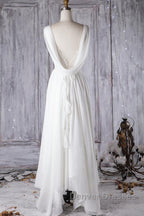 Affordable A-line Asymmetric Lace Chiffon Open Back Wedding Dress