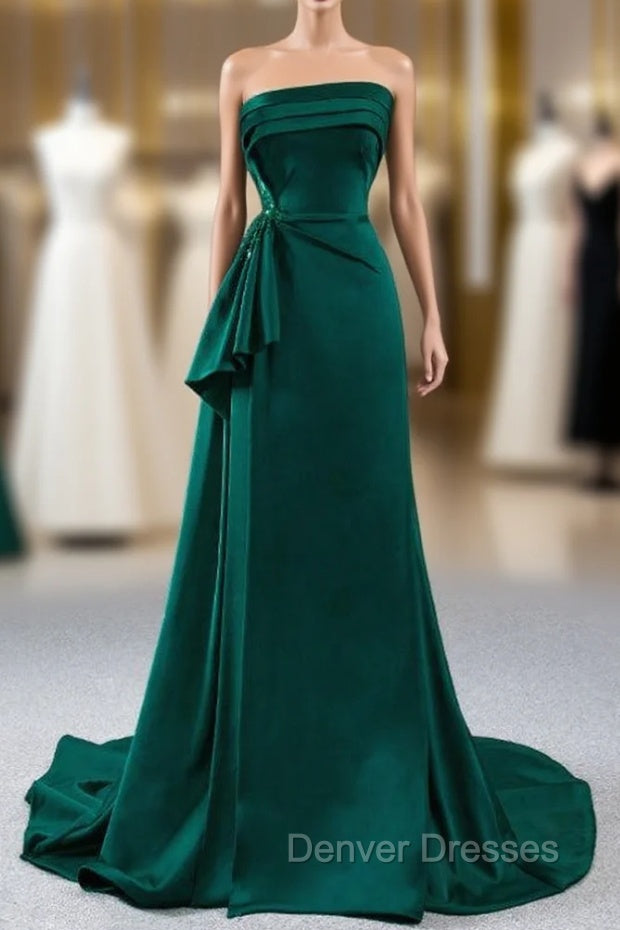 Affordable A-Line Dark Green Satin Strapless Pleats Beading Prom Dress Main image
