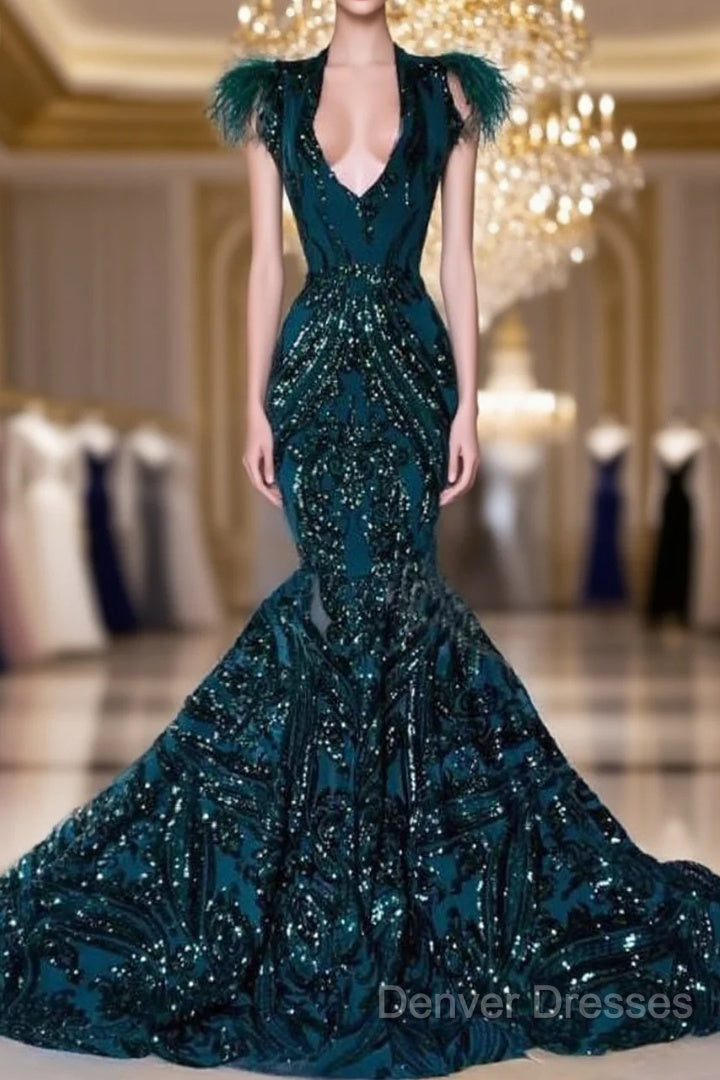 African Black Girls Court Train Feather V Neck Sexy Formal Party Gowns Prom Dress Main image