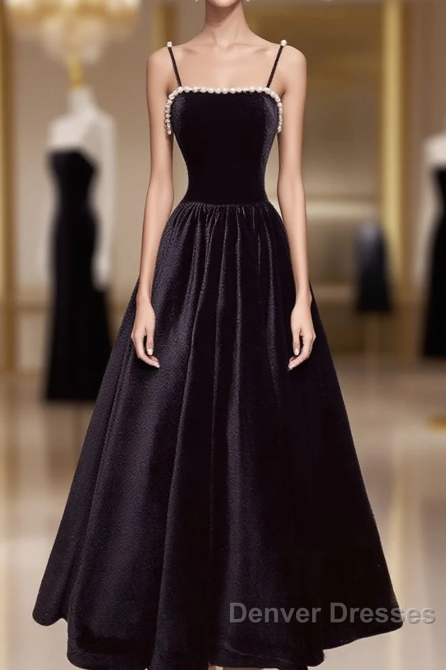 Aline Black Velvet Long Prom Dress, Black Formal Graduation With Beading