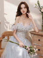 Aline Gray Long Prom Dresses, Gray Formal Graduation With Sequin Beading