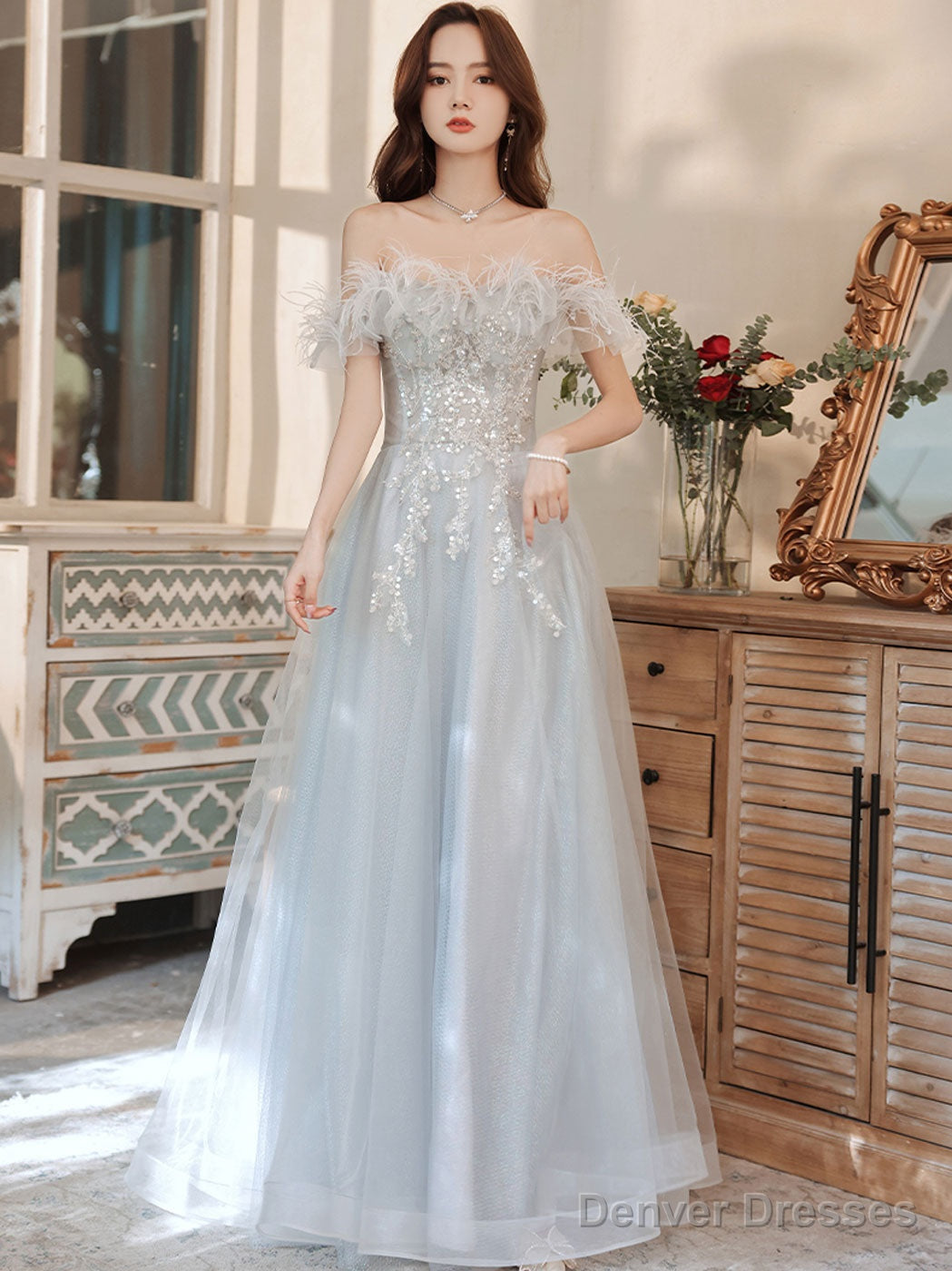 Aline Gray Long Prom Dresses, Gray Formal Graduation With Sequin Beading Main image