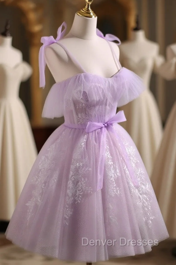 Aline Lace Short Purple Prom Dress, Puffy Purple Homecoming Dress