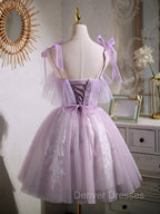 Aline Lace Short Purple Prom Dress, Puffy Purple Homecoming Dress