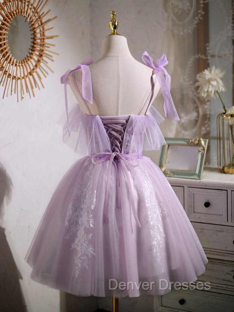 Aline Lace Short Purple Prom Dress, Puffy Purple Homecoming Dress