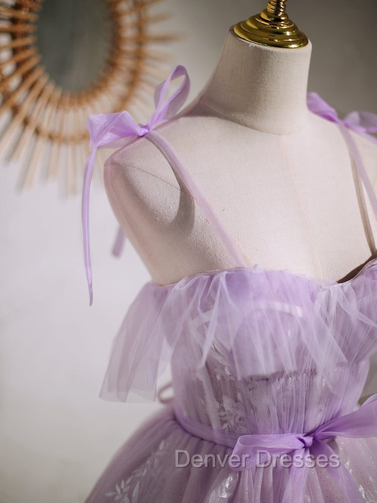 Aline Lace Short Purple Prom Dress, Puffy Purple Homecoming Dress