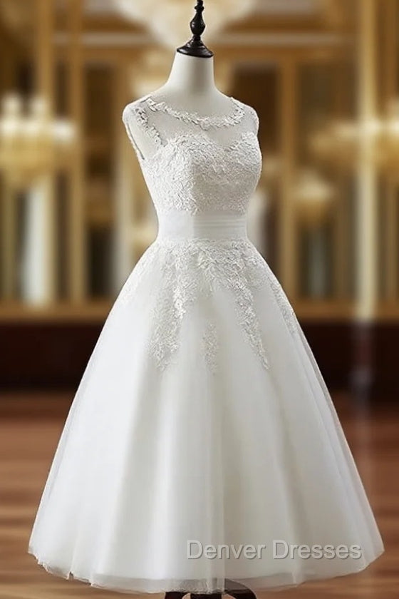 Aline Round Neck Tulle Lace Short White Prom Dress, White Lace Homecoming Dress Main image