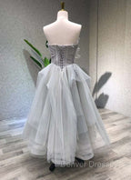 A line Tea Length Gray Prom Dress, Gray Tulle Homecoming Dress