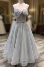 A line Tea Length Gray Prom Dress, Gray Tulle Homecoming Dress