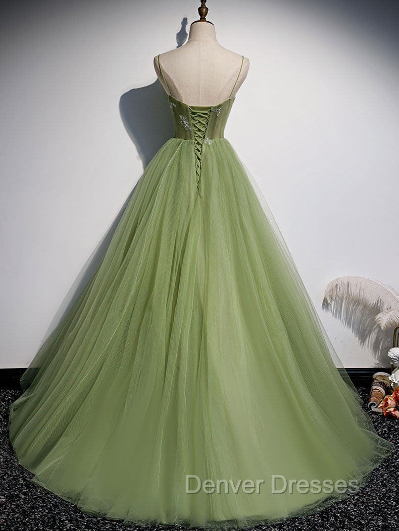 Aline Tulle Green Long Prom Dress, Green Formal Graduation Dress with Beading