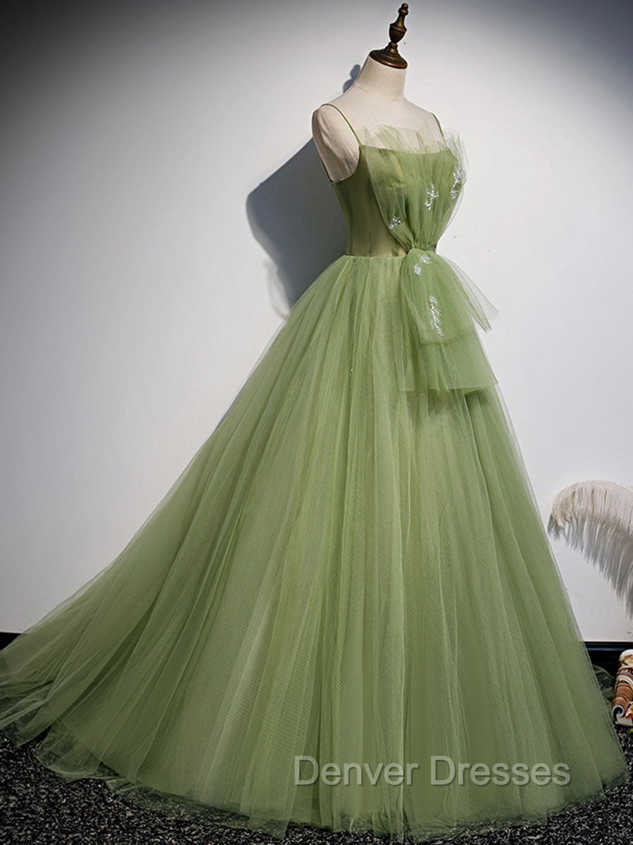 Aline Tulle Green Long Prom Dress, Green Formal Graduation Dress with Beading