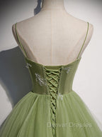 Aline Tulle Green Long Prom Dress, Green Formal Graduation Dress with Beading